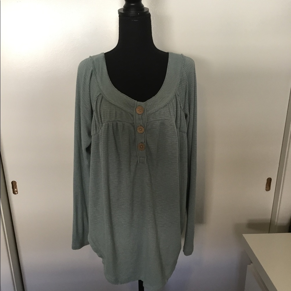 Free People green sage long sleeve waffle fabric top.